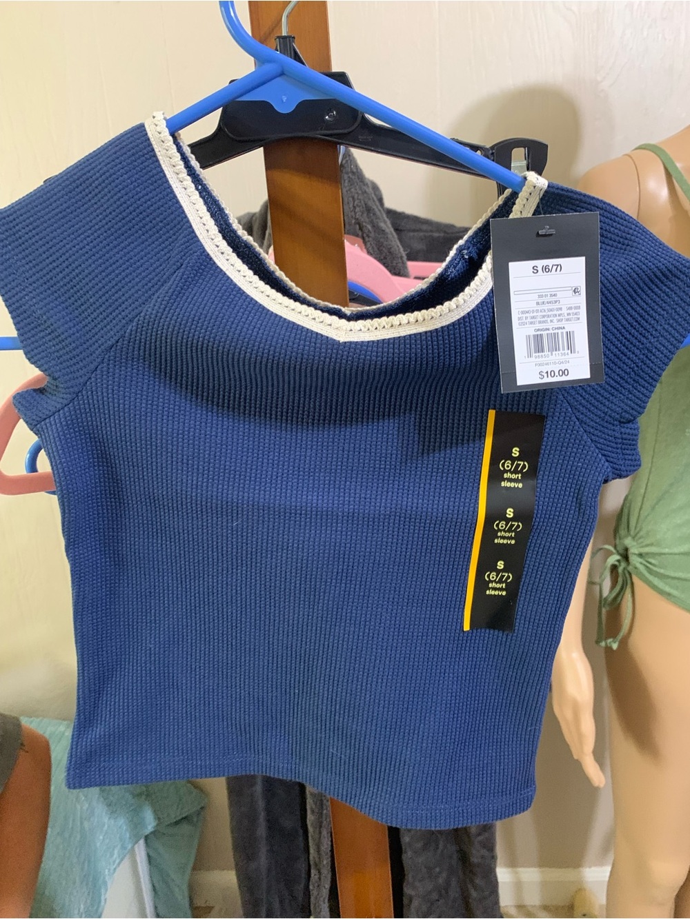 Target Navy Short Sleeve Ribbed Top with Cream Trim